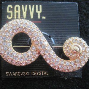 FLASH SALE Swarovski Savvy Scroll Style Signed Clear Crystal Gold Tone Brooch